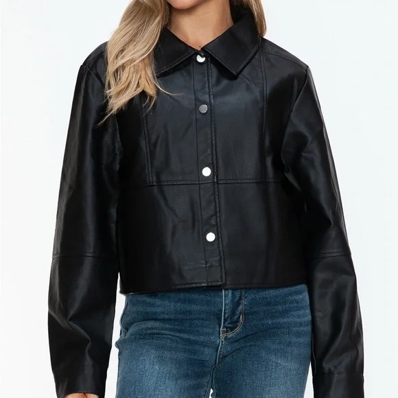 Snobbish Snap Down Long Sleeve PU Leather Jacket - Picture 2 of 12